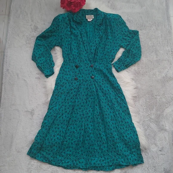 Vintage Lapel Waist Pleated Dress Micro Floral - Picture 2 of 11